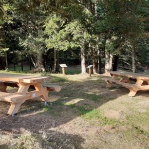 Deux tables de pique-nique à l'aire d'accueil forêt départementale Bac Pégullier